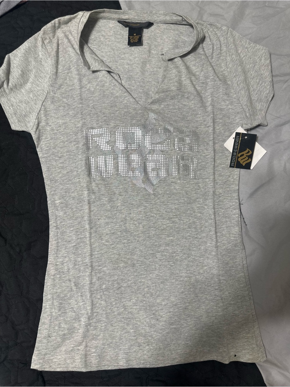 Rocawear Gray Logo Crystal-Stud V-Neck Tee